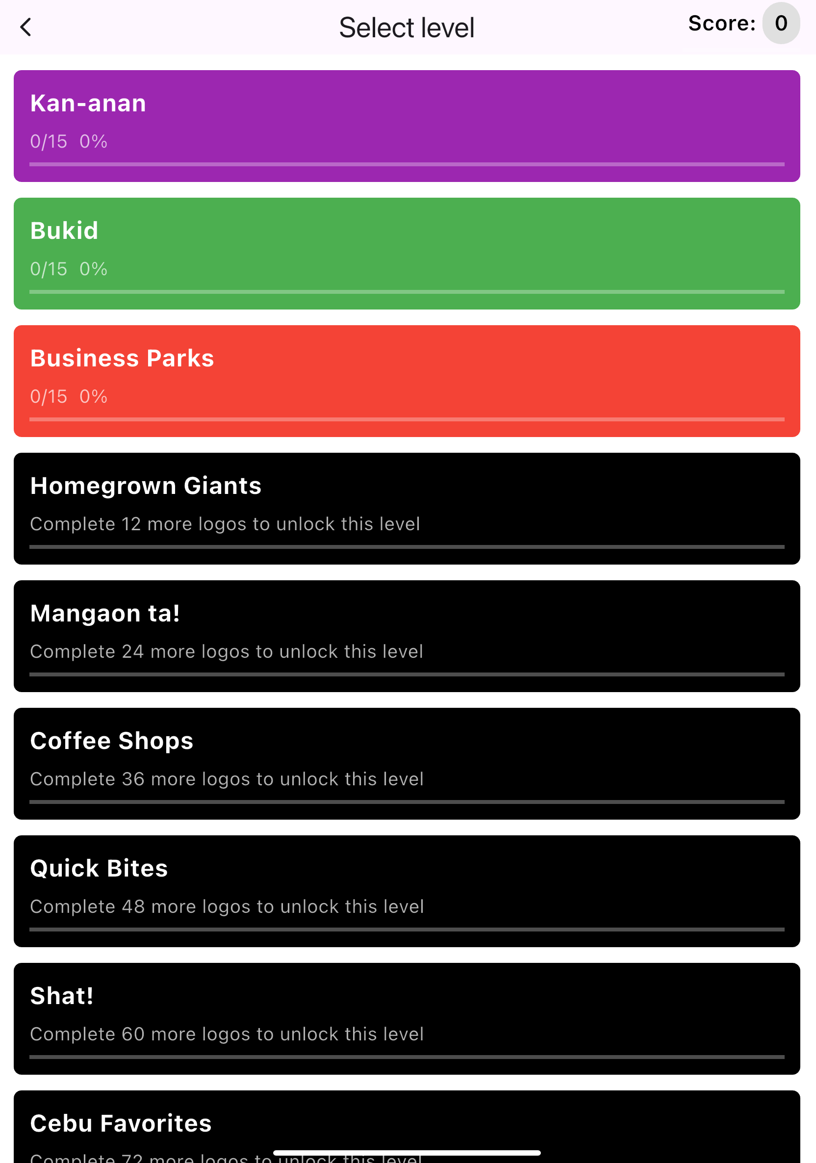 Game levels screenshot